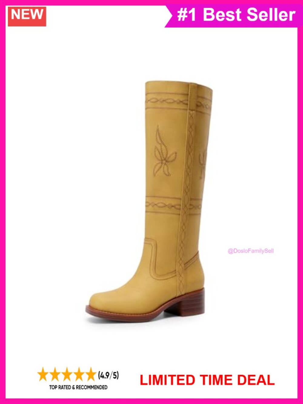 Vintage Embroidered Square Toe Knee High Boots Faux Leather Slip-On